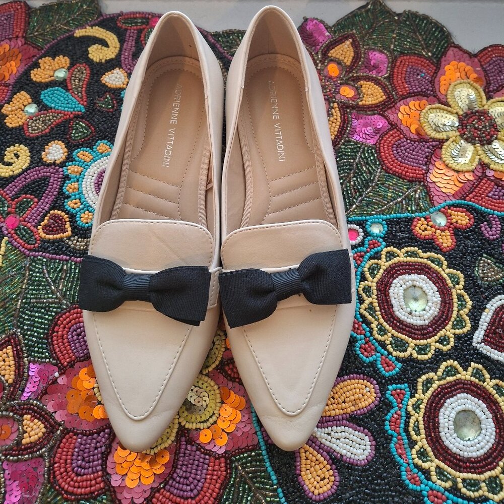Cream Adrienne Vittadini pointed toe loafer with black bow